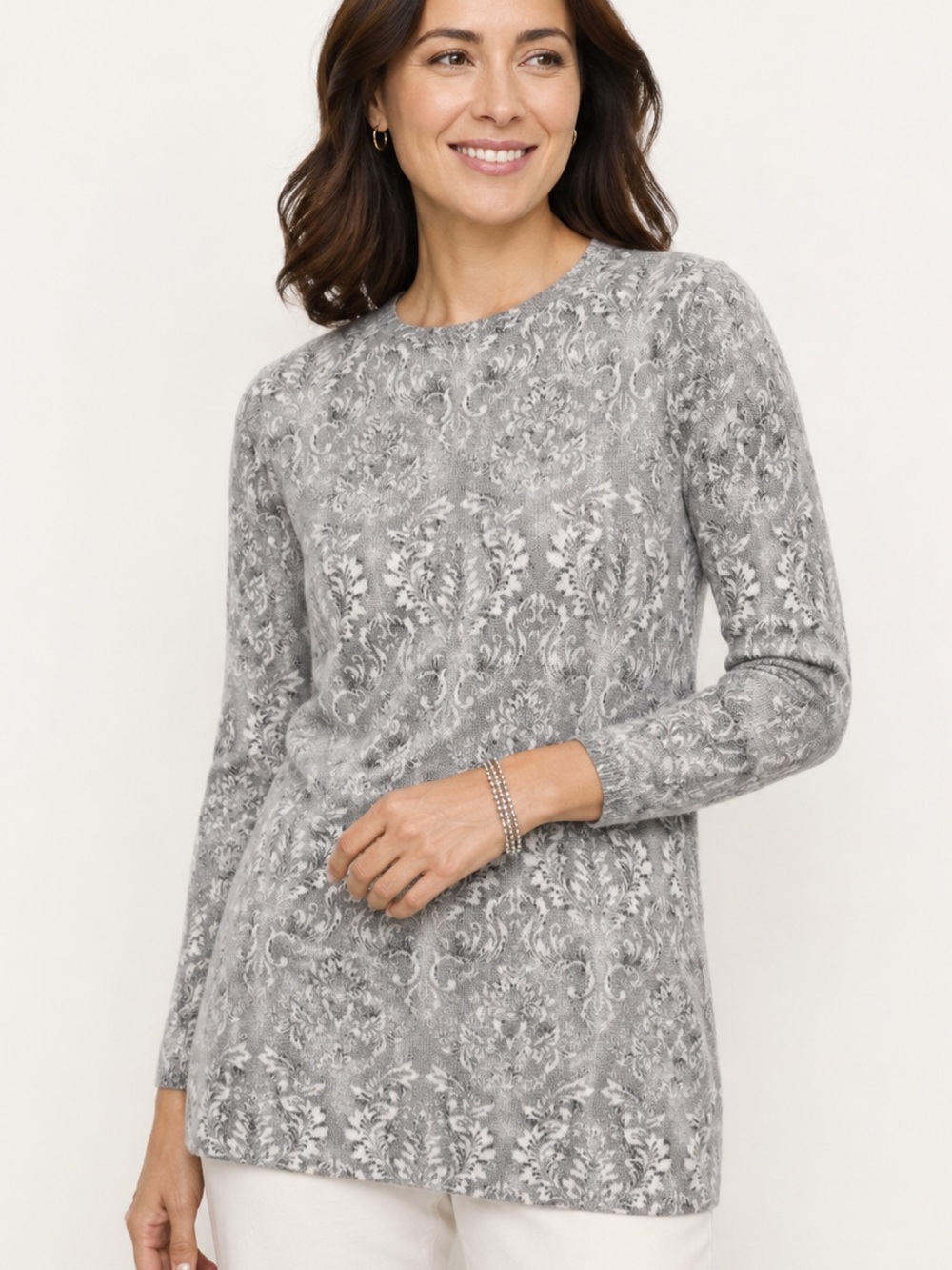 Talbots Pure Cashmere Gray Damask Print Crewneck Sweater Tunic XL